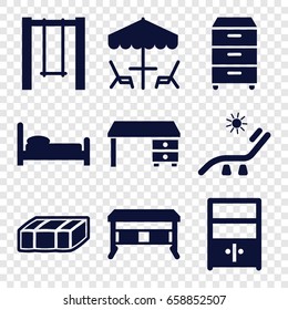 Furniture icons set. set of 9 furniture filled icons such as garden bench, sunbed, office desk, swing, nightstand, cupboard, table under umbrella