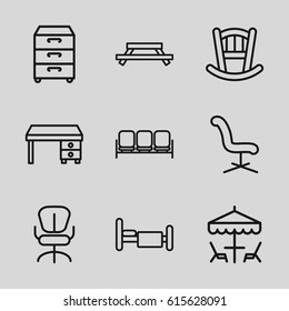 Furniture icons set. set of 9 furniture outline icons such as sofa, baby bed, office chair, office desk, bed, nightstand, table under umbrella