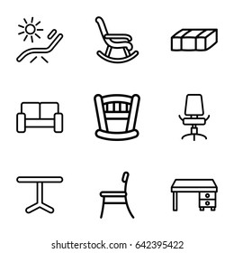 Furniture icons set. set of 9 furniture outline icons such as garden bench, sunbed, office desk, table, office chair, sofa, chair, baby bed