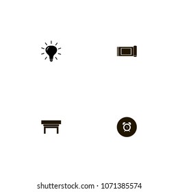 Furniture icons set. bedside table, nightstand, carpet and alarm clock on the black