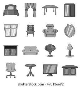 Furniture icons set in black monochrome style. Interior decorations set collection vector illustration