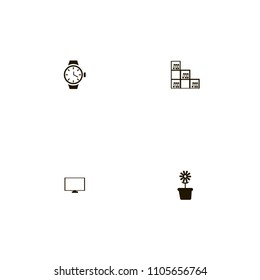 Furniture icons set. books, watch, monitor and computer