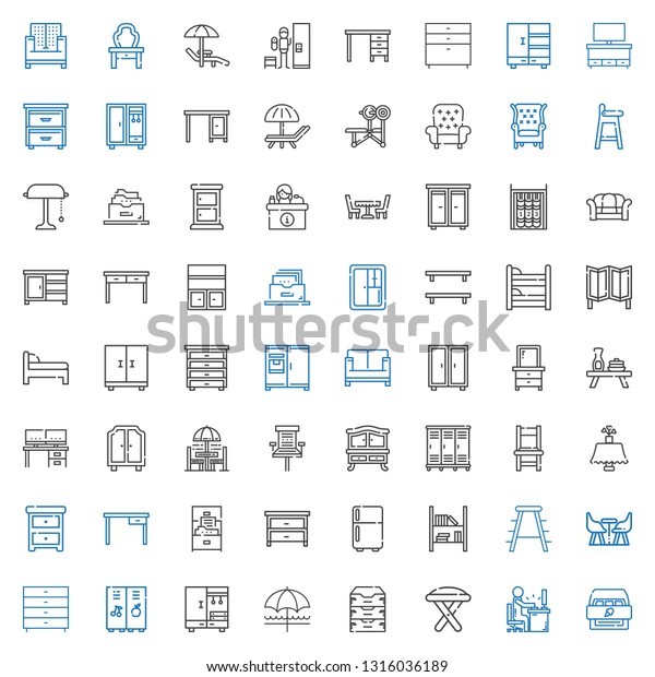 furniture icons\
set. Collection of furniture with cabinet, desk, stool, archive,\
sun umbrella, closet, locker, chest of drawers, bookshelf. Editable\
and scalable furniture\
icons.