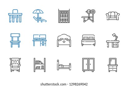 furniture icons set. Collection of furniture with drawer, closet, bed, bookshelf, armchair, desk, chair, sofa, bench, sunbed, table. Editable and scalable furniture icons.
