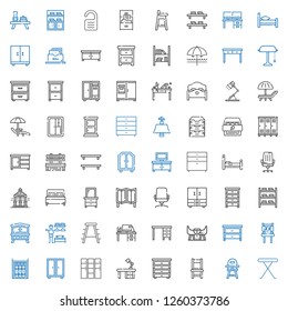 furniture icons set. Collection of furniture with iron table, baby chair, chair, drawer, desk, locker, closet, bookshelf, table, stool. Editable and scalable furniture icons.