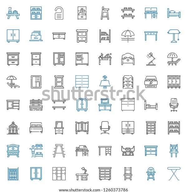 furniture icons\
set. Collection of furniture with iron table, baby chair, chair,\
drawer, desk, locker, closet, bookshelf, table, stool. Editable and\
scalable furniture\
icons.