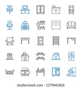 furniture icons set. Collection of furniture with locker, closet, desk, cabinet, table, filing cabinet, bookshelf, drawer, chest of drawers. Editable and scalable furniture icons.