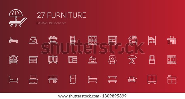 furniture icons\
set. Collection of furniture with sofa, bookshelf, bed, fridge,\
desk, cupboard, stool, armchair, filing cabinet, drawer. Editable\
and scalable furniture\
icons.