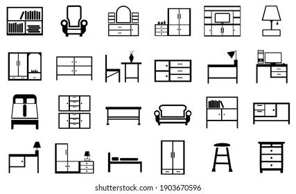 Furniture icons set. collection Symbol home furniture, loft table, double bed, bedding mattress, bean bag chair, tv stand, hallway furniture, rattan swing chair. editable file. vector