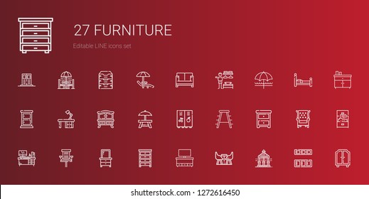 furniture icons set. Collection of furniture with veranda, cupboard, drawer, office chair, desk, nightstand, stool, locker, rest area, chest of drawers. Editable and scalable furniture icons.