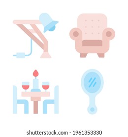 Furniture icons set = desk lamp, couch sofa, dinner, mirror. Perfect for website mobile app, app icons, presentation, illustration and any other projects.