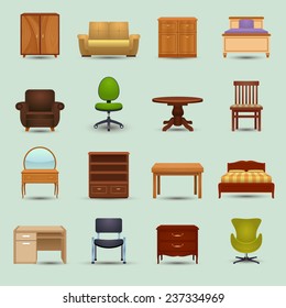 Furniture icons set with desk sofa bookshelf wardrobe office chair isolated vector illustration