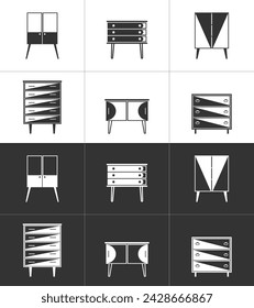 Furniture icons set. Dressers, bedside tables. Vector icons. Black and white
