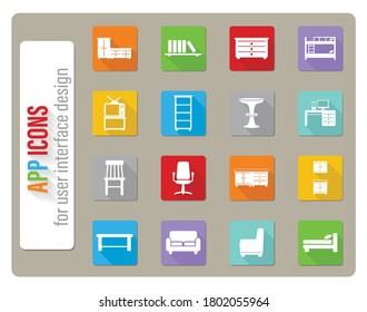 Furniture icons set in flat design with long shadow