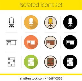 Furniture icons set  Flat design  linear  black   color styles  Computer chair wheels  writing desk  bookcase  Isolated vector illustrations
