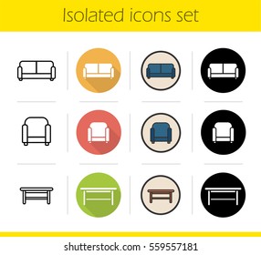 Furniture icons set  Flat design  linear  black   color styles  Sofa  armchair  classic table  Isolated vector illustrations