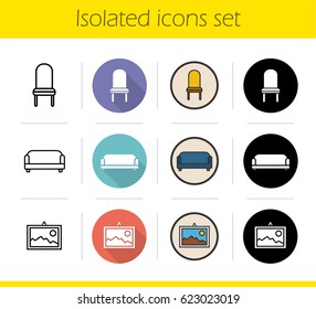 Furniture icons set  Flat design  linear  black   color styles  Living room interior  Classic chair  sofa  wall picture  Isolated vector illustrations