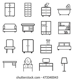 Furniture icons set. Flat vector illustration on white background. Universal icon for web design.