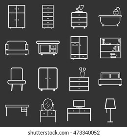 Furniture icons set. Flat vector illustration on black background. Universal icon for web design.