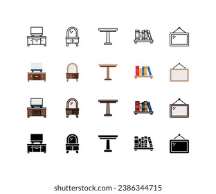 Furniture icons set. Set of home furniture, cabinet tv, dressing table, table, book shelf, mirror icon