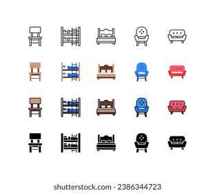 Furniture icons set. Set of home furniture, chair, bunk bed, bed, armchair, sofa, icon