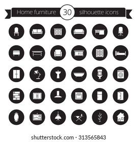 Furniture icons set. Home interior decoration design symbols. Indoors household items. House furnishing and sanitary objects. Modern room vector silhouettes pictograms in black circles