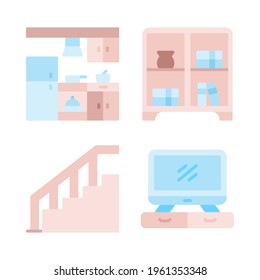 Furniture icons set = kitchen seat, book shelf, stairs, smart tv . Perfect for website mobile app, app icons, presentation, illustration and any other projects.