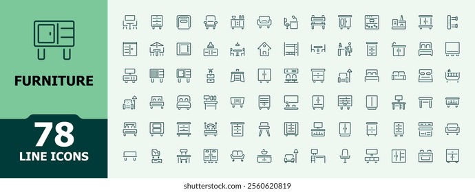 Furniture icons set. Perfect for logos and infographics. Includes icons for chair, book, cabinet, living, house and more. Minimalist editable vector illustration.