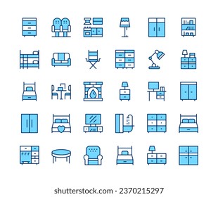 Conjunto de iconos de mobiliario. Iconos de la línea del vector. Símbolos de trazo de contorno de color azul. Conceptos modernos