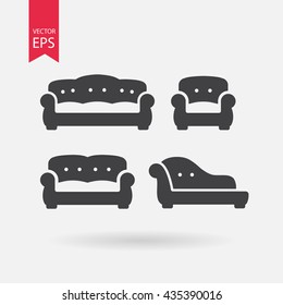 Furniture icons set. Vintage Sofa, Chesterfield, Couch. Collection of retro armchair in flat design. Black shape isolated on white. Vector Flat design illustration adapted for web, website, mobile app