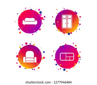 Furniture icons. Sofa, cupboard, and book shelf signs. Modern armchair symbol. Gradient circle buttons with icons. Random dots design. Vector