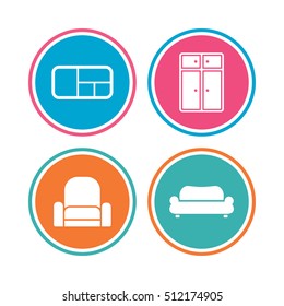 Furniture icons. Sofa, cupboard, and book shelf signs. Modern armchair symbol. Colored circle buttons. Vector