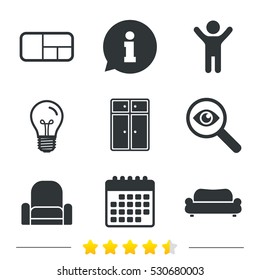 Furniture icons. Sofa, cupboard, and book shelf signs. Modern armchair symbol. Information, light bulb and calendar icons. Investigate magnifier. Vector