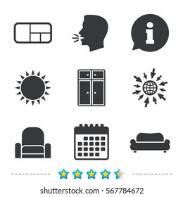 Furniture icons. Sofa, cupboard, and book shelf signs. Modern armchair symbol. Information, go to web and calendar icons. Sun and loud speak symbol. Vector