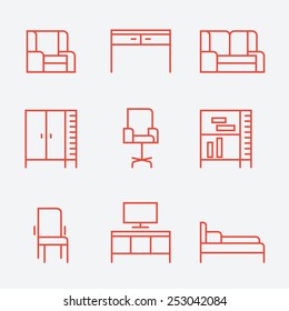 Furniture icons, thin line style, flat design