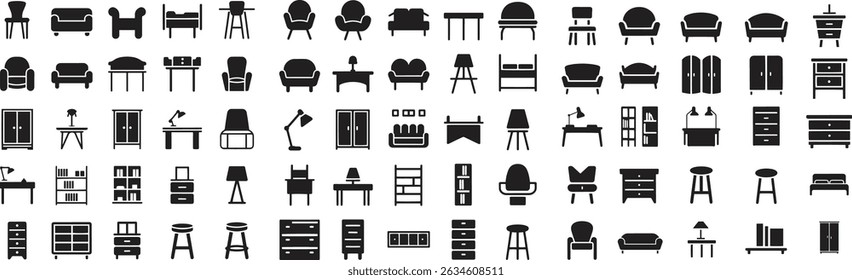 furniture icons in various style set. chair, table, sofa, interior decor vector illustration