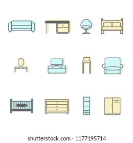 Furniture icons vector, furniture icon set, colorful furniture icons, minimal furniture icons. Sofa, Table, Chair, Armchair, Bed, Wardrobe, baby cradle, chest of drawers, tv unit icon.