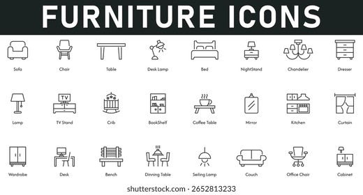 Furniture Icons vector illustration with thin line editable stroke containing bench desk wardrobe kitchen bookshelf lamp dresser bed table chair sofa mirror dining table cabinet couch