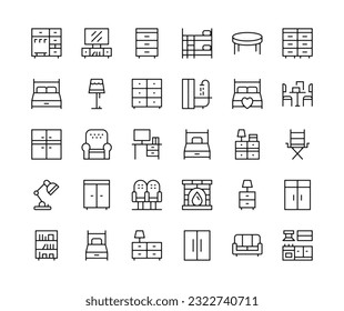 Furniture icons. Vector line icons set. Table, chair, bed, dresser, room, interior, home applicances concepts. Black outline stroke symbols