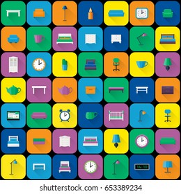 Furniture icons. Vector set. Flat design with long shadow. Fitment on colorful background. Elements for interior of living rooms and bedrooms.