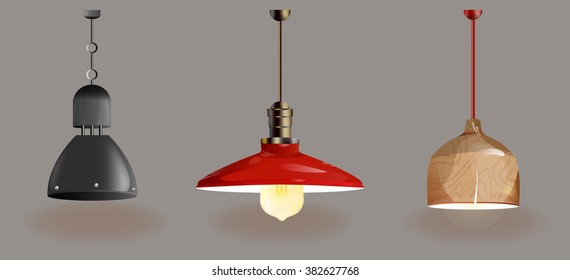 Die Möbelsymbole.Kronleuchter, Lampen, Lampen.Elemente der Inneneinrichtung.Modernes Interieur.Vektorisolierte Lampe.