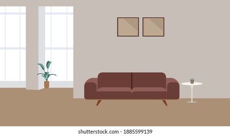 Furniture. Inland. Living room with sofa, table, lamps, windows Vector.