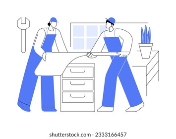 Ilustración del vector de concepto abstracto de la instalación del mobiliario. Hombres instalando muebles nuevos en la oficina, acuerdo de distribución, renovación de habitaciones, proceso de montaje de mesa metáfora abstracta.