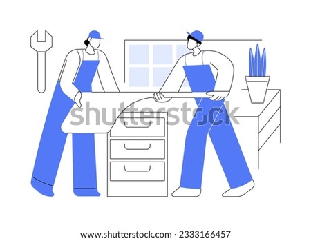 Furniture installation abstract concept vector illustration. Men installing new furniture in office, distributorship agreement, room renovation, table assembling process abstract metaphor.