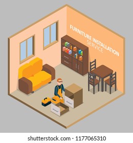 Furniture installation service concept. Vector isometric cutaway living room interior with worker carpenter installing wooden two-drawer cabinet.