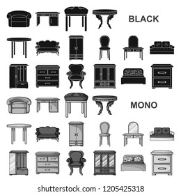 Furniture and interior black icons in set collection for design.Home furniture vector symbol stock web illustration.