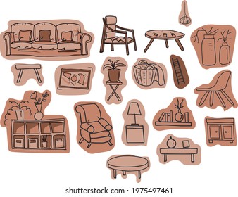 Furniture interior boho hugo style scandinavian doodle sketch isolated elements on a white background vector illustration hand drawn set clipart sofa armchair lamp shelf print
