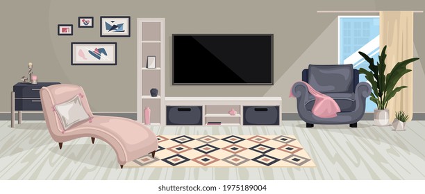 Furniture interior composition with horizontal view of living room with designer furniture paintings and tv set vector illustration