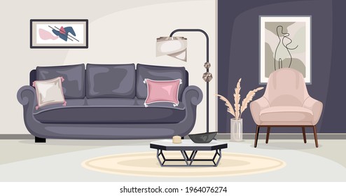 Furniture interior composition with view of living room with sofa chair and paintings on colorful walls vector illustration