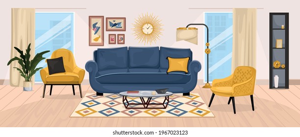 Furniture interior composition with view of living room with windows soft chairs sofa and small table vector illustration